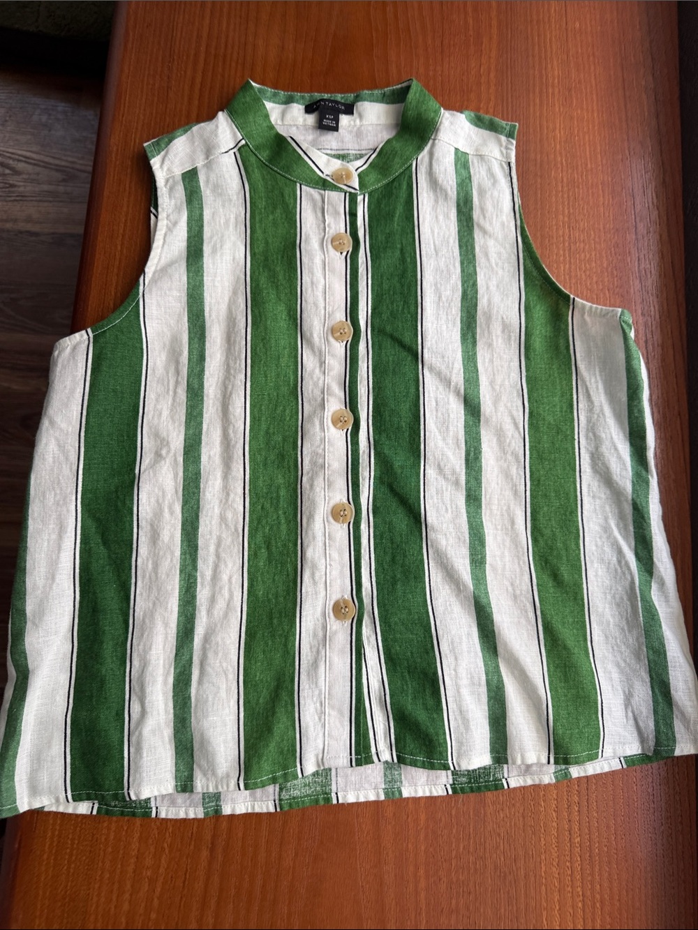 Ann Taylor Green & White Striped Linen Top